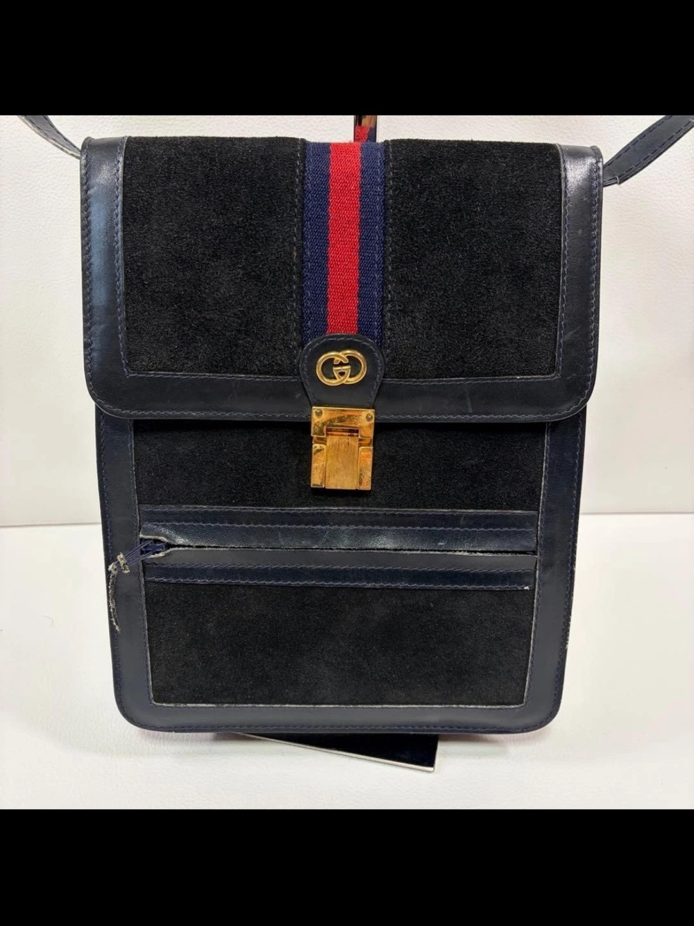 Gucci Black Suede Messenger Bag with Red & Blue Web Stripe
